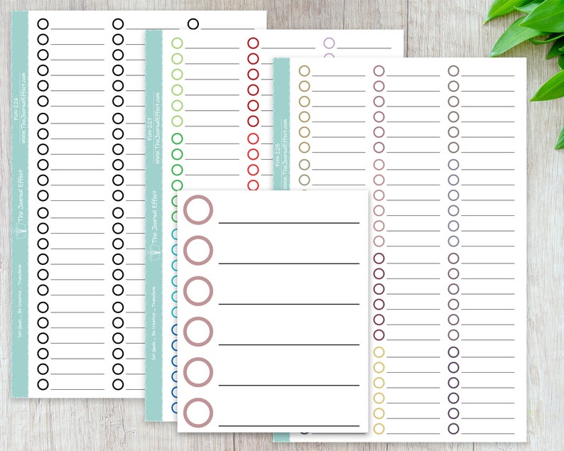 May include: Five printable pages of habit trackers with different coloured circles. Each page has a title and a website address. The pages are designed for use with a journal or planner.