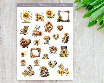Sunflower Planner Stickers, Summer Floral Journal Stickers with Books, Planners, Journals, Cards and Crafts, BUJO, CLIP-023