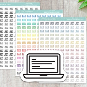May include: A sheet of colorful laptop stickers with a single larger laptop sticker in the foreground. The laptop sticker is black and white and has a simple design. The text on the sheet reads "The Journal Effect" and "ICN-210-B".