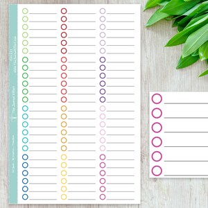 May include: A printable checklist with 25 rows of circles in various colours, including blue, green, yellow, orange, red, purple, and pink. The checklist is on a white background with black lines. There is a smaller checklist with 7 rows of circles in purple on a white background with black lines.