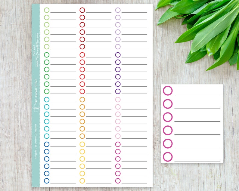 May include: A printable checklist with 25 rows of circles in various colours, including blue, green, yellow, orange, red, purple, and pink. The checklist is on a white background with black lines. There is a smaller checklist with 7 rows of circles in purple on a white background with black lines.