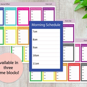May include: A set of colorful printable planner stickers with different time blocks for morning, afternoon, and evening schedules. The stickers are labeled with the text "FUN-129", "FUN-130", and "FUN-131".