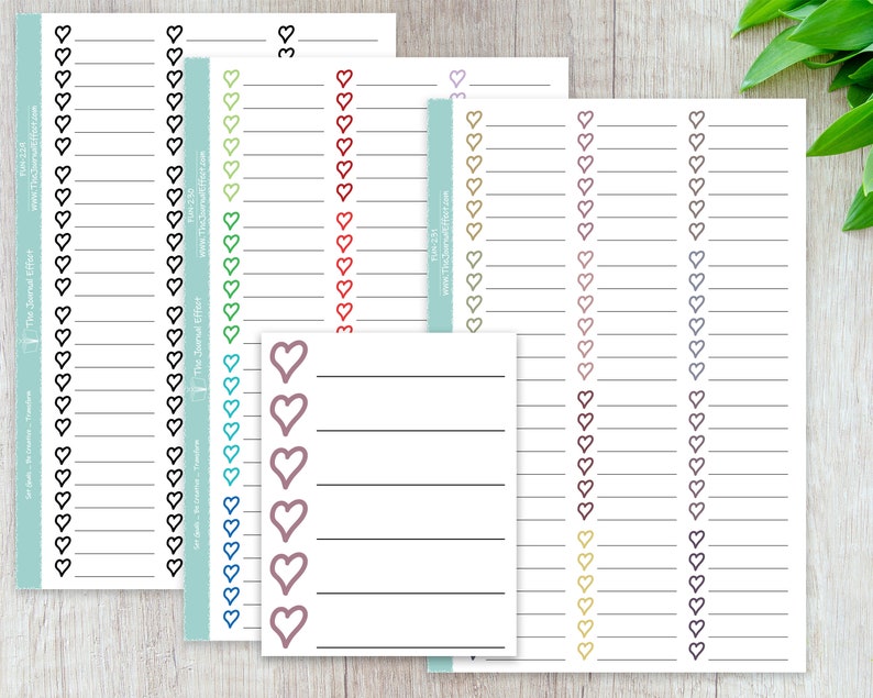 May include: Printable checklist with a heart design in black, blue, green, red, purple, and gold. The checklist has 30 lines with a blank space at the bottom for writing.