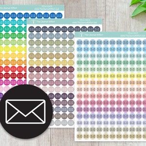 May include: Sheets of colorful round stickers with an envelope icon. The stickers are arranged in rows and columns, with each sticker featuring a small, white envelope symbol on a colored background. The text "The Journal Effect" and website address are visible.