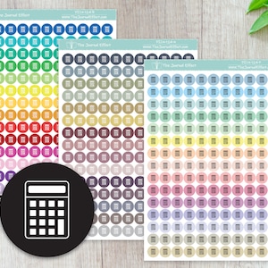 May include: Three sheets of colorful calculator stickers. Each sheet has 10 rows of 10 calculator icons. The sheets are in rainbow, pastel, and muted colors. The text on the sheets reads "The Journal Effect" and "www.TheJournalEffect.com".