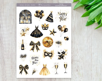 New Year’s Eve Planner Stickers, Glam Gold & Black Clipart, Planners, Journals, Cards and Crafts, BUJO, Scrapbooking, CLIP-046