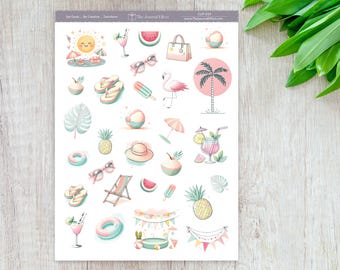 Summer Vibes Planner Stickers, Cute Beach & Tropical, Journals, Planners, Scrapbooking, Watercolor Summer Sticker Sheet, CLIP-019