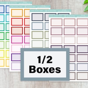 May include: Set of 6 sheets of colorful rectangular box stickers. Each sheet has 12 boxes with a different colored border. The text "1/2 Boxes" is printed on a blue rectangle.