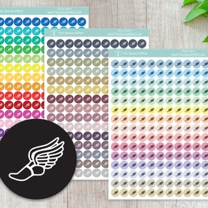 May include: Four sheets of colorful stickers with a winged foot design. Each sheet has 10 rows of 10 stickers, with each sticker featuring a different color and a white winged foot design. The stickers are perfect for planners, journals, and other creative projects.