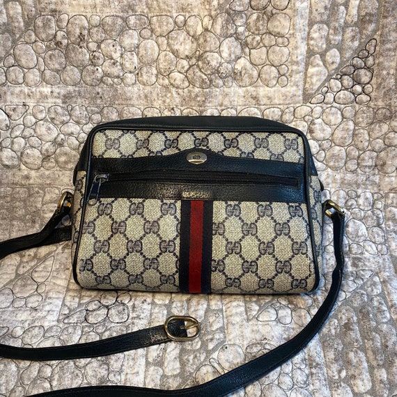 Gucci 1980s Navy Monogram Canvas and Leather Shoulder Bag