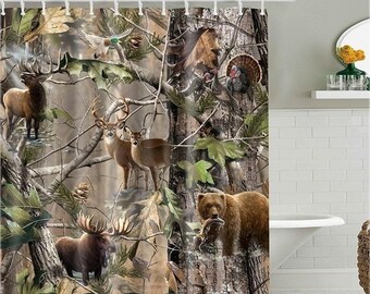 Cute Deer Lost in the Foggy Forest Bathroom Fabric Shower Curtain Set 71Inches 