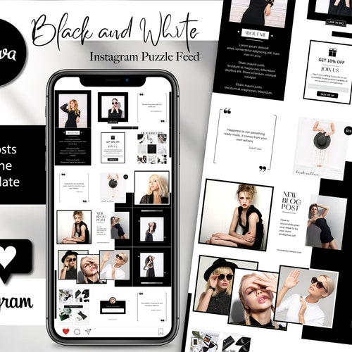 Black and White Editable Instagram Puzzle Template | Puzzle Feed Template | Minimalist Instagram Templates | Canva Instagram Post Templates