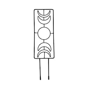 May include: A black metal garden stake featuring a rectangular frame with a celestial design. The design includes a circle and three crescent moon shapes. Two vertical stakes extend from the bottom for ground insertion.