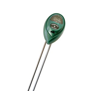 May include: A green three-way soil meter with a dial that measures moisture, light, and pH levels. The meter has two metal probes.
