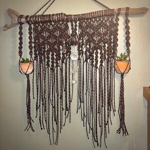 Large Macrame Plant Wall Hanger - Fits 3”-4” Pots - BOHO Handmade with RARE Driftwood - Sage, Navy, Beige & Cream Options- all with Crystals