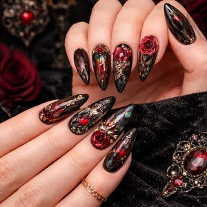 May include: Long, black stiletto nails with intricate designs. Each nail features a combination of red, gold, and black, with accents like roses and gemstones. The overall aesthetic is gothic and elegant.