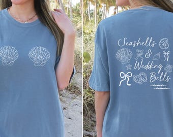 Seashells Wedding Bells Bachelorette Party Shirt, Coastal Bride Squad Tee