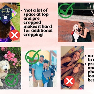 Puede incluir: Un collage de cuatro im&aacute;genes que muestran diferentes ejemplos de buen y mal recorte de fotos. La primera imagen muestra a una persona con un gorro de graduaci&oacute;n con el texto "Remember your why" y una marca de verificaci&oacute;n junto a &eacute;l. La segunda imagen muestra a una persona con un perro y una marca de verificaci&oacute;n junto a &eacute;l. La tercera imagen muestra a una pareja con atuendos de graduaci&oacute;n con una marca de verificaci&oacute;n junto a ellos. La cuarta imagen muestra a dos personas y una X junto a ellas.