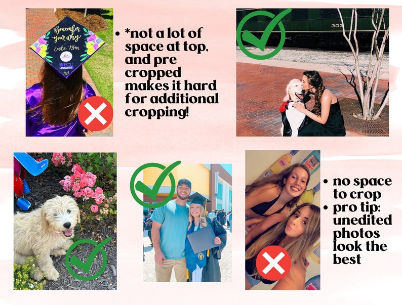 Puede incluir: Un collage de cuatro im&aacute;genes que muestran diferentes ejemplos de buen y mal recorte de fotos. La primera imagen muestra a una persona con un gorro de graduaci&oacute;n con el texto "Remember your why" y una marca de verificaci&oacute;n junto a &eacute;l. La segunda imagen muestra a una persona con un perro y una marca de verificaci&oacute;n junto a &eacute;l. La tercera imagen muestra a una pareja con atuendos de graduaci&oacute;n con una marca de verificaci&oacute;n junto a ellos. La cuarta imagen muestra a dos personas y una X junto a ellas.