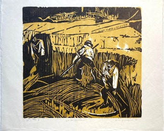 After "The Harvesters" by Pieter Bruegel the Elder; woodcut on Hosho paper