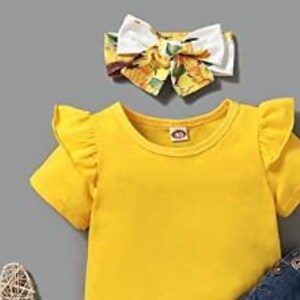 Baby Toddler Sunflower Girls Overalls Cute Overall Romper Outfit Newborn Bibs Jumpsuit Infant Denim Jeans Buttons Boy Girl Yellow Shirt and Bow