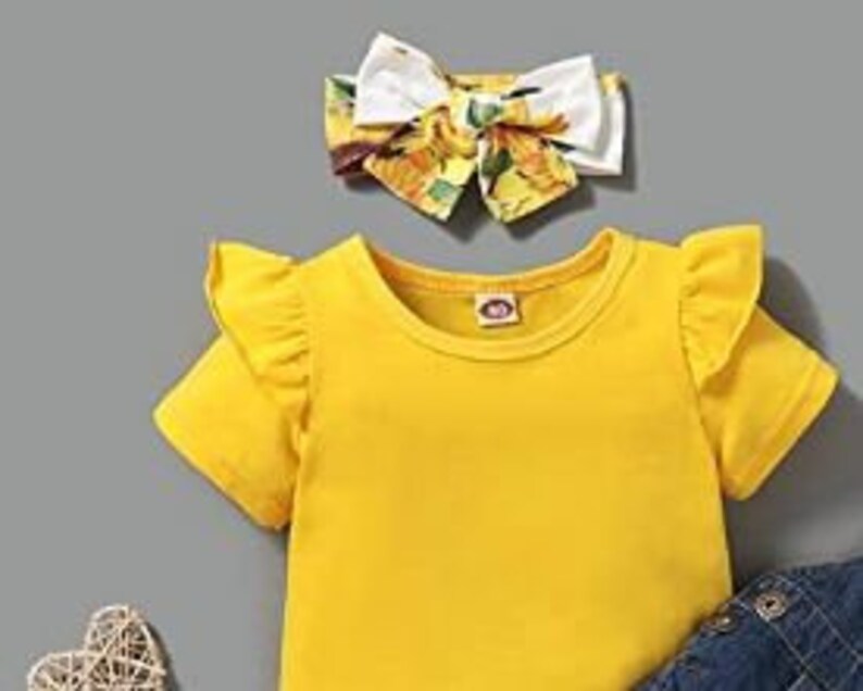 Baby Toddler Sunflower Girls Overalls Cute Overall Romper Outfit Newborn Bibs Jumpsuit Infant Denim Jeans Buttons Boy Girl Yellow Shirt and Bow