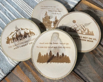 John Muir Quotes Coaster Set, The Mountains are Calling, Into the Forest I Must Go, The World is Big, The Sun Shines Not On Us But In Us