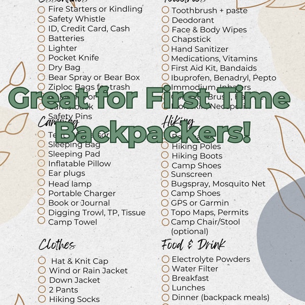 Backpacking Checklist for Through Hiking, Backpacking Trip, First Time Backpackers, Overnight Camping Checklist, Packing Checklist