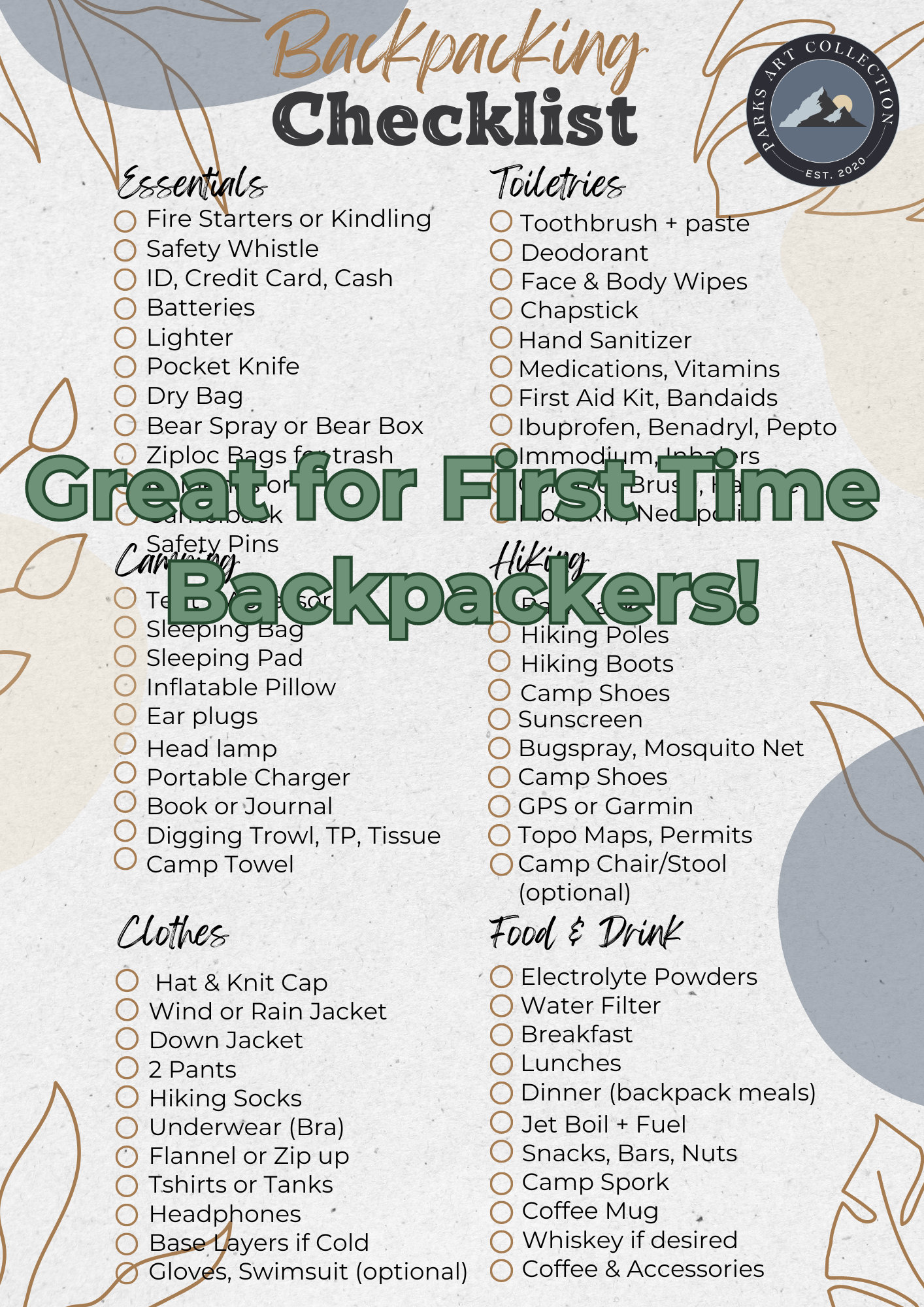 Backpacking Checklist for Through Hiking Backpacking Trip First Time Backpackers Overnight Camping Checklist Packing Checklist Etsy