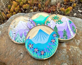 Hand Painted Magnet on Wood Slice, Customizable Mountain Scenery and Wildflowers, Colorado Utah Wyoming Montana Idaho Washington California