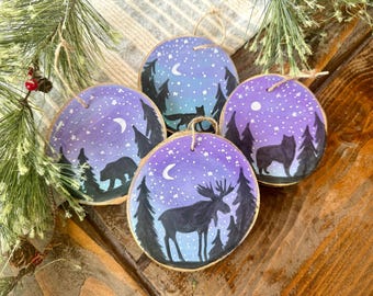Hand-Painted Wildlife Ornament: Customizable Name Your Place; Moose Bear Wolf Fox Starry Night Art