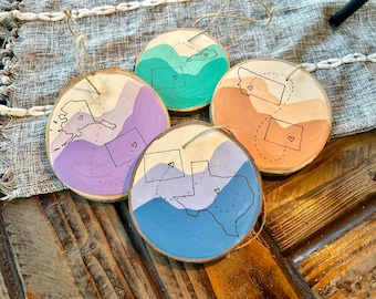 Customizable State to State Wood Slice Ornament: Hand Painted Reclaimed Wood Art, Long Distance Gift, Gifts for Moving Away, Family Gift
