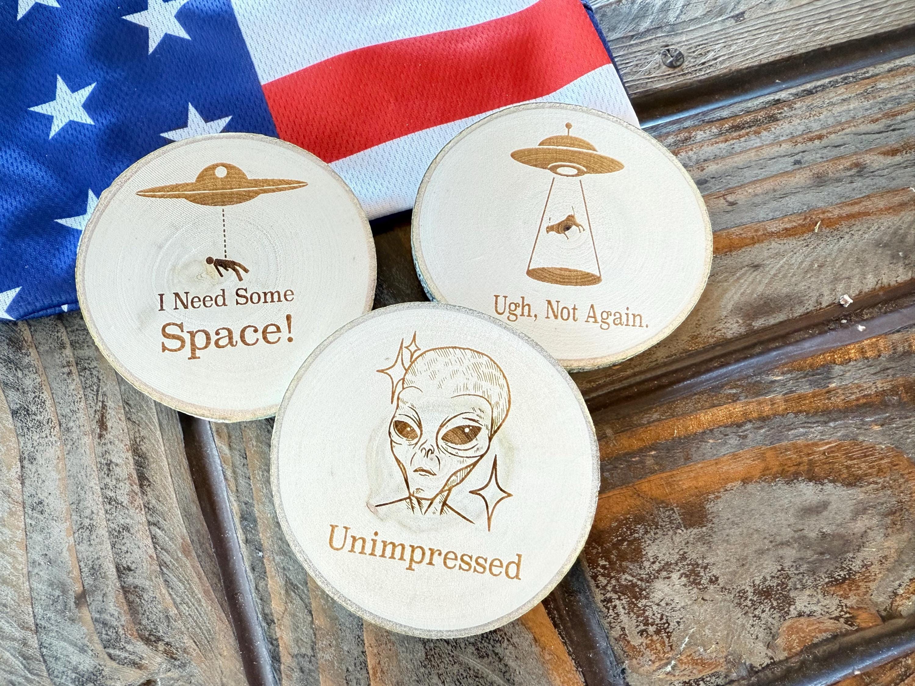 Laser Engraved Alien Coaster Set: Reclaimed Aspen Wood UFO Gift - Etsy
