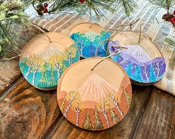 Personalized Hand Painted Christmas Ornament on Wood Slice: Mountain Towns Fall, Summer, Spring, Winter, Add Custom Names, Place, or Phrase