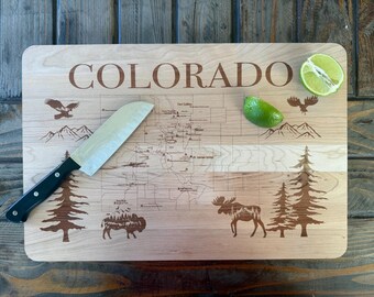 Colorado Map Cutting and Charcutetie Board for Housewarming Gift, Denver Ft Collins Colorado Springs, Ski Lodge Mountain Cabin Gift