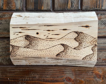 Wood Burn Art, Interpretive Design, Sand Dunes, Waves, Mountains, Aspen Wood, Pyrography Art, Rustic Decor