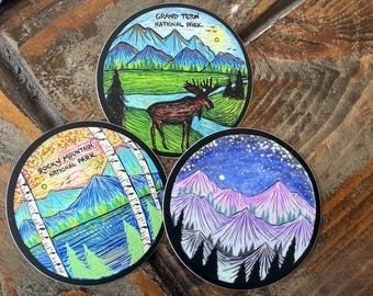 National Park Art Stickers 3x3 Original Art Mountain Scenes and More