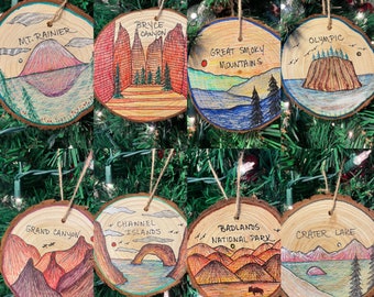 National Park Ornaments, Grand Canyon, Great Smoky Mountains, Bryce Canyon, Saguaro, Mesa Verde, Rocky Mountain, Arches, Congaree, Zion