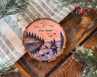 Isle Royale National Park Ornament: Hand-Painted Sunset Wood Slice