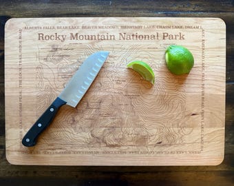 Large Cutting Board and Charcuterie Serving Board, Rocky Mountain National Park Topographic Map, Dual Use Kitchen Essentials