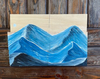 Impressionist Blue Mountains Painting on Repurposed Wood, Ski Decor, Mountain Home Decor, Ski Resort, Rustic Painting