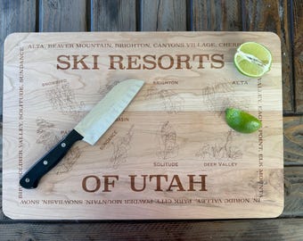 Ski Resorts of Utah Large Cutting and Charcuterie Serving Board: Original Design Dual Purpose Housewarming Gift Park City Deer Valley Alta