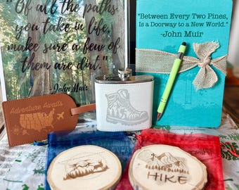Hiker Gift Box: Adventure Flask, Coasters, Journal & Print - Colorado Handmade