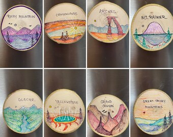 National Park Magnets, Great Smoky Mountains, Arches, Canyonlands, Rocky Mountain, Yellowstone, Grand Canyon, Glacier, Mt. Rainier, Fridge