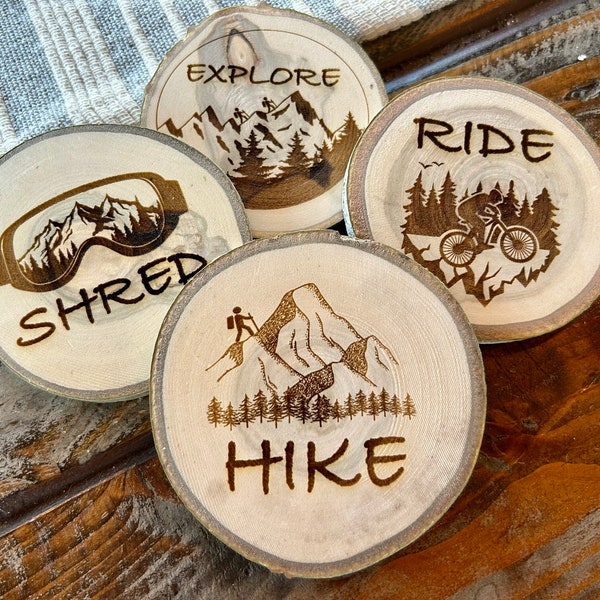 Hike, Shred, Ride, Explore Coaster Set, Skiiers, Mountain Bikers, Snowboarders, Hikers, Explorers, Adventure Gift, Outdoor Lover