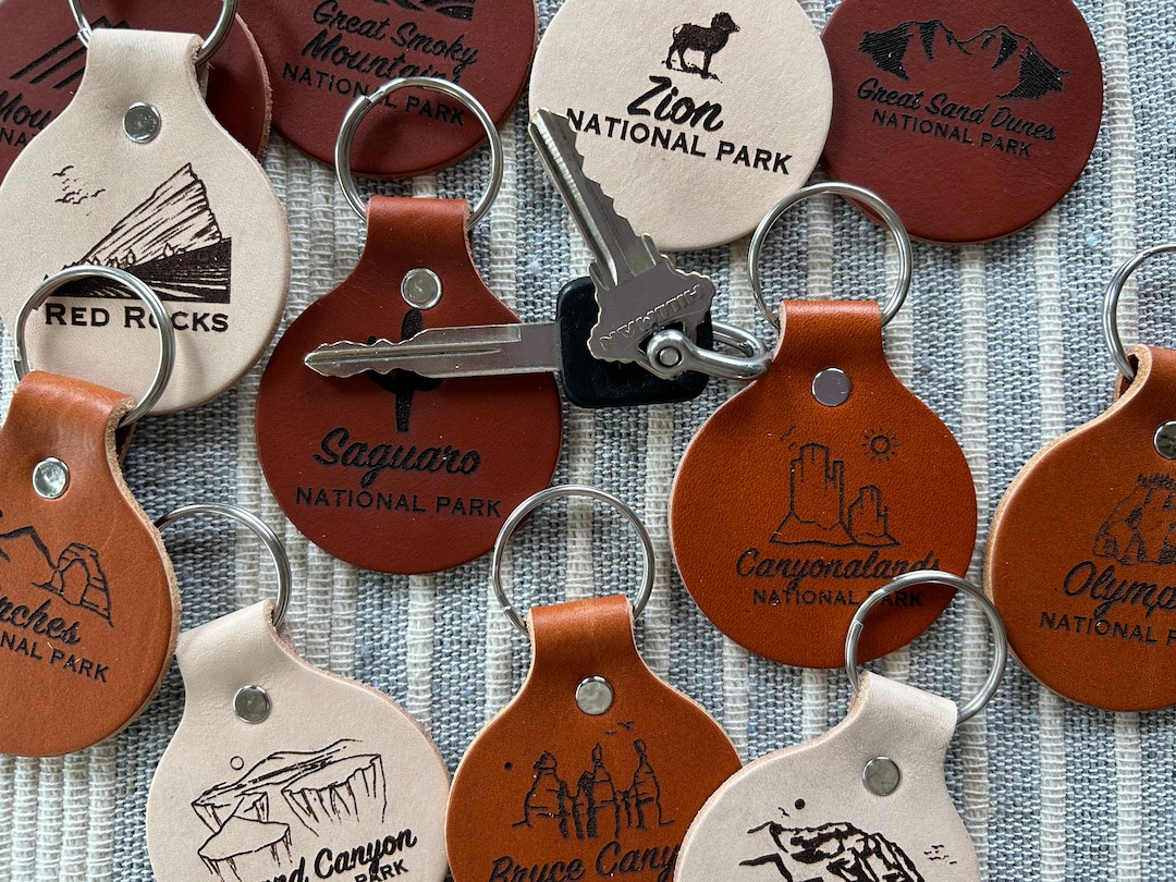 National Park Keychains Leather Engraved Yellowstone Keychain Grand