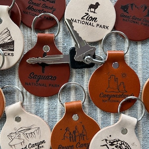 National Park Keychains Leather Engraved Yellowstone Keychain Grand Teton Keychain Red Rocks Rocky Mountain Keychain Grand Canyon Souvenir