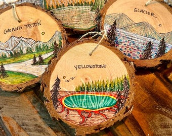 Grand Teton, Yellowstone, Glacier, and Banff National Park Christmas Ornaments, Hand Drawn on Wood Slice, Montana and Wyoming Souvenir