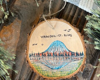 Wrangell-St Elias Ornament on Colorado Pine Wood Handdrawn Christmas Ornaments Alaskan National Park Souvenir Wrangell St Elias USA Travel