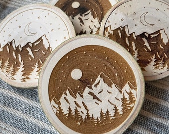 Starry Mountain Coasters, Rustic Cabin, Lodge Home Decor, Adventure Awaits, Camping Gift, Sun and Moon, Gifts for Campers, Explore